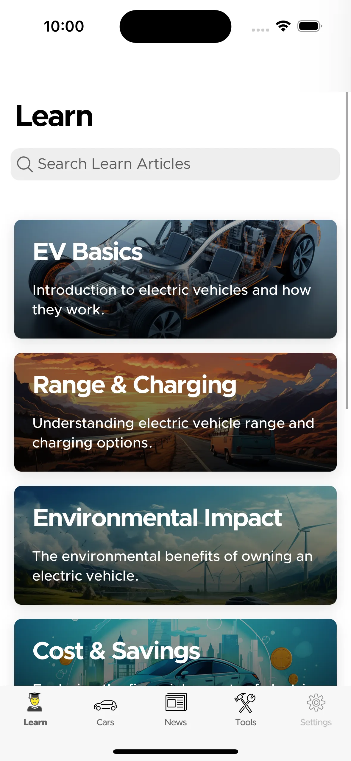 Learn screen of the Hello EV app displaying various educational articles about electric vehicles including topics like 'EV Basics', 'Range & Charging', and 'Environmental Impact.