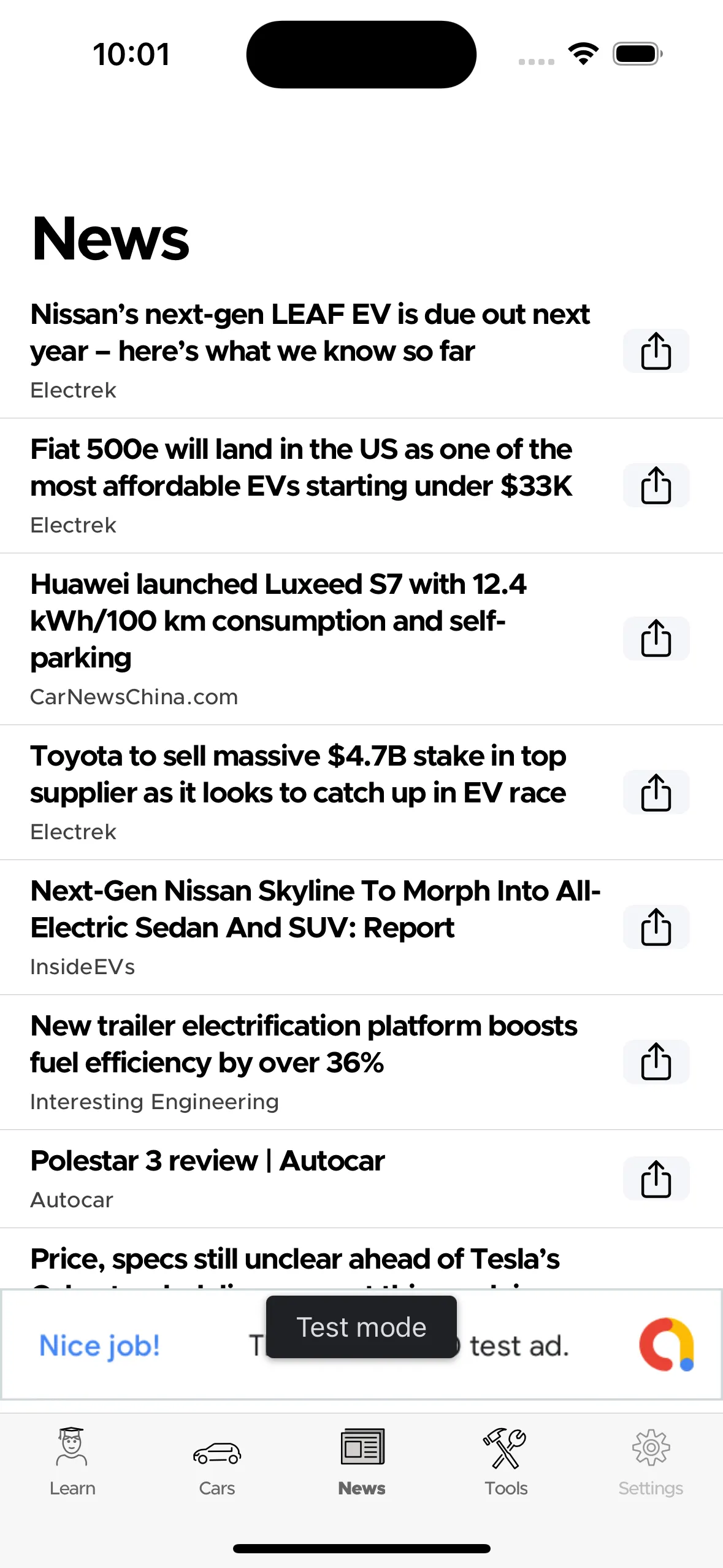 News section of the Hello EV app showing latest articles on electric vehicles from various sources like Electrek and InsideEVs, featuring updates on models such as Nissan LEAF and Fisker Ocean.