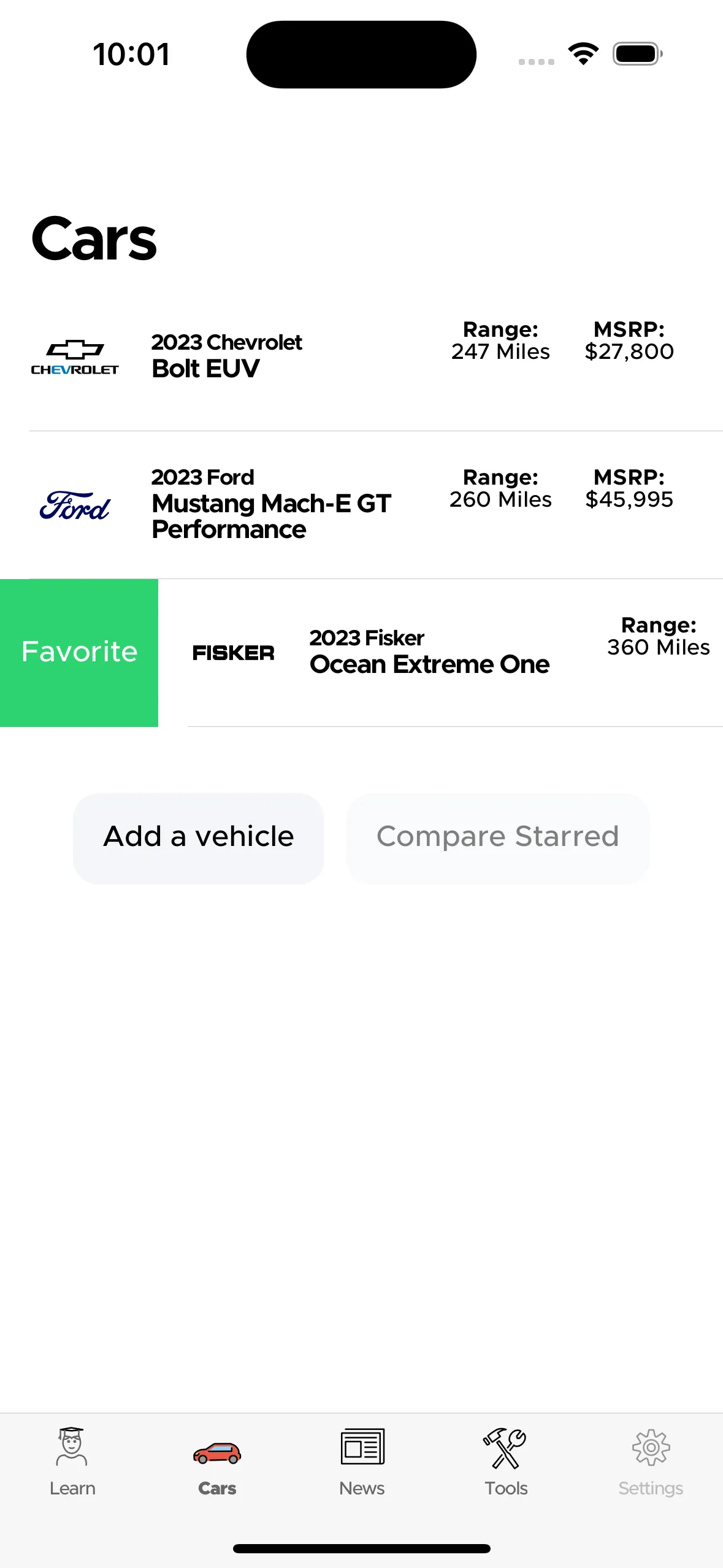 Cars section of the Hello EV app listing different electric vehicle models like the Chevrolet Bolt EUV and Fisker Ocean Extreme One, with options to add or compare vehicles.